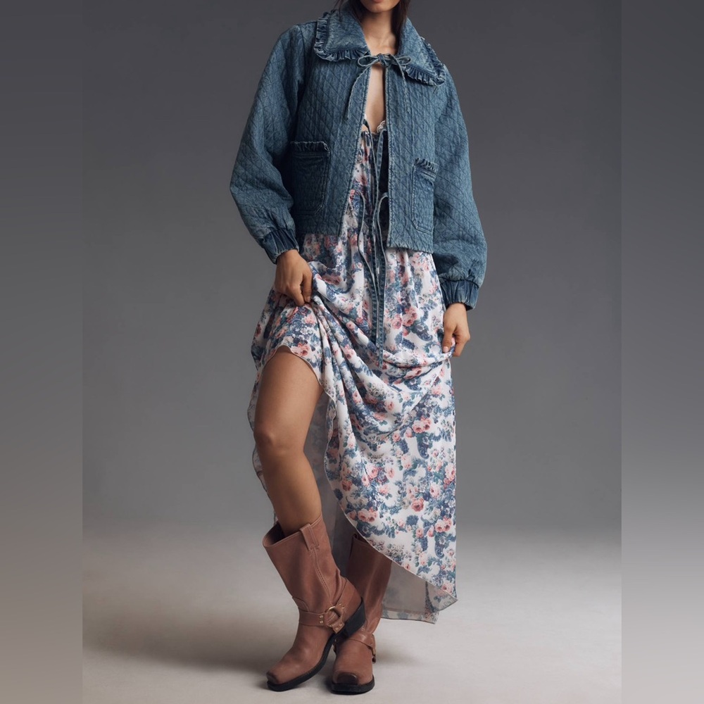 Anthropologie Avec Les Filles The Maura Bow-Tie Denim Jacket Quilted Blue Casual - Picture 8 of 8